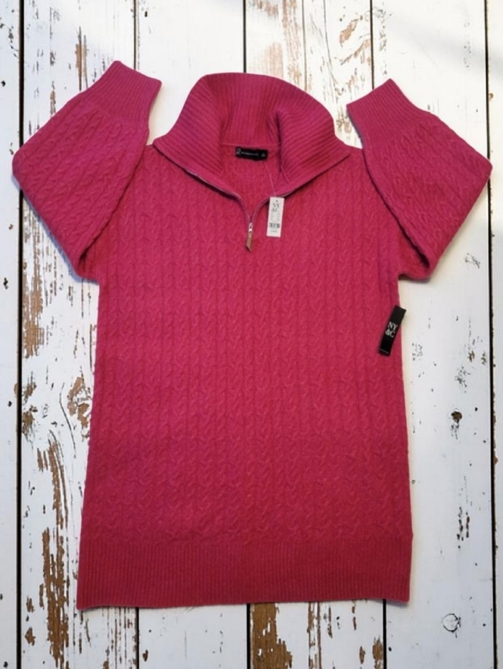 NWT Jones New York Pink Cable Knit Quarter Zip Tunic Sweater L